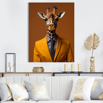 Yellow and brown suited up giraffe - Giraffe Fashion Living Room Wall Art